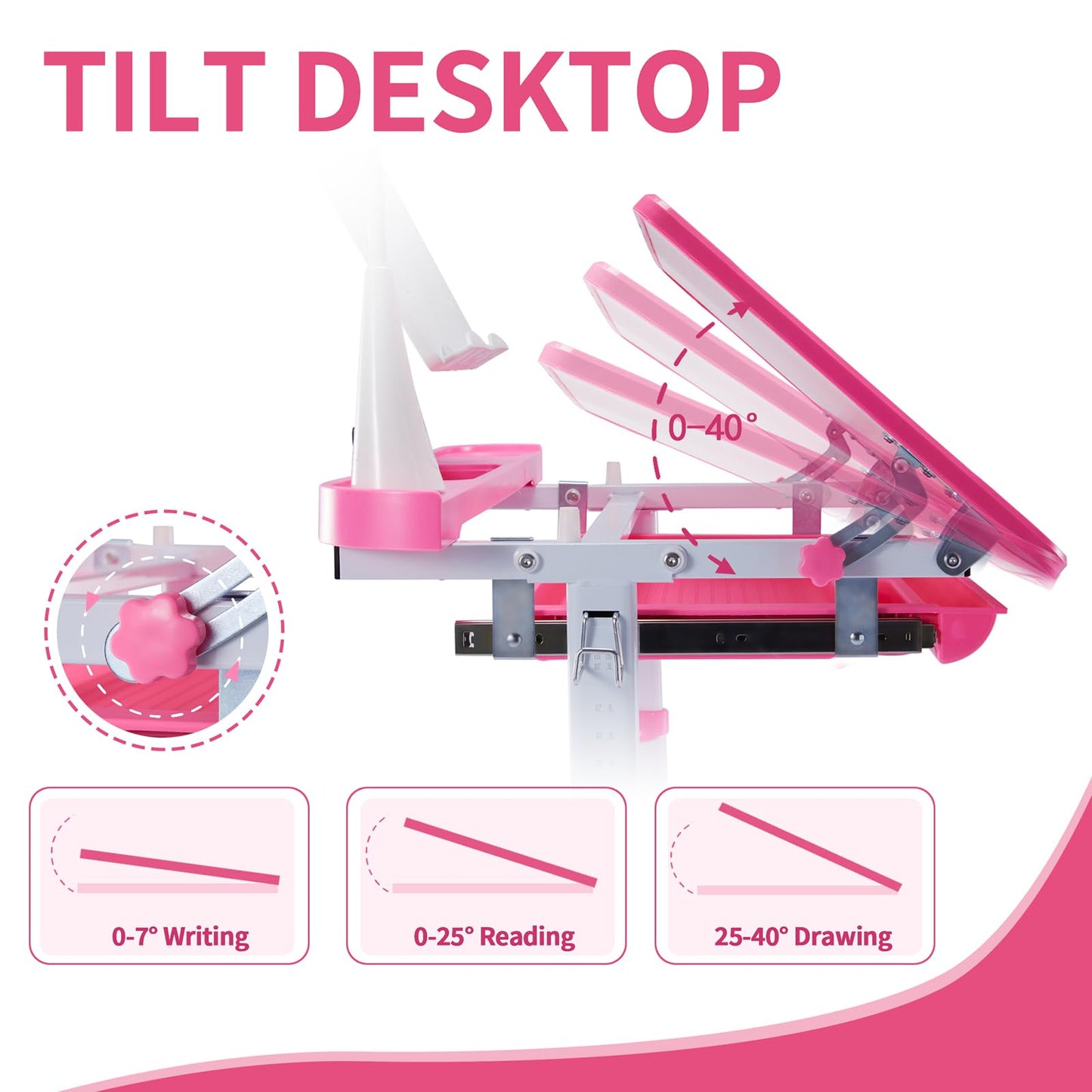 Diroan Kids Functional Desk and Chair Set, Height Adjustable Children School Study Desk with Tilt Desktop, Book Stand, LED Light, Metal Hook and Storage Drawer for Boys Girls(Pink)