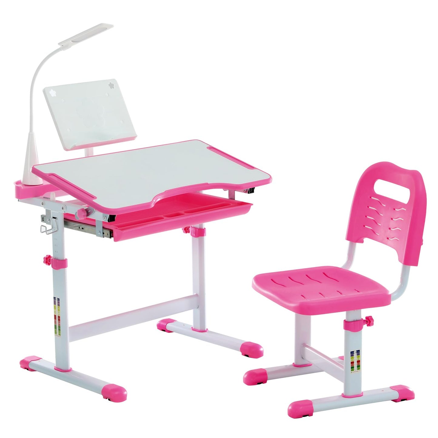 Diroan Kids Functional Desk and Chair Set, Height Adjustable Children School Study Desk with Tilt Desktop, Book Stand, LED Light, Metal Hook and Storage Drawer for Boys Girls(Pink)