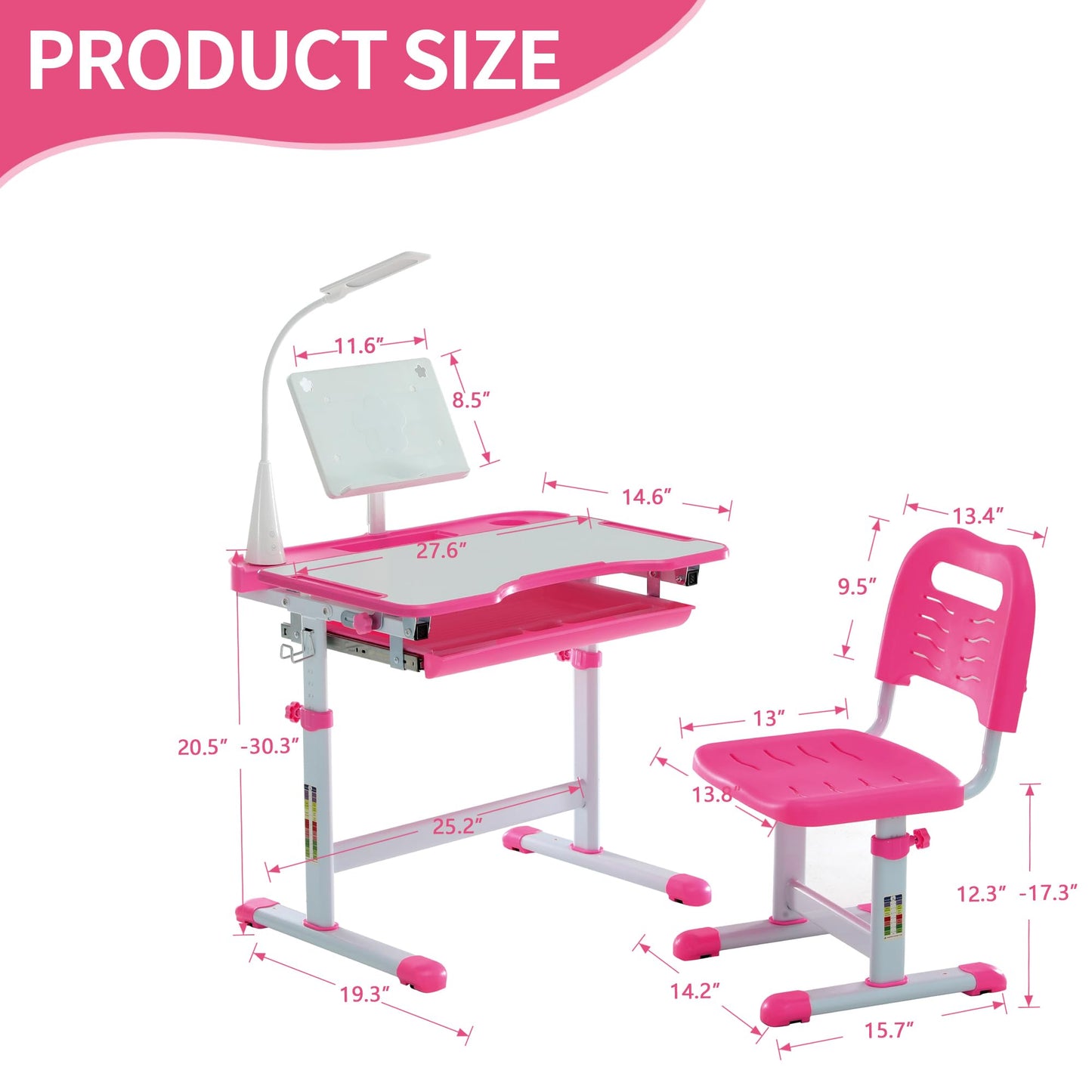 Diroan Kids Functional Desk and Chair Set, Height Adjustable Children School Study Desk with Tilt Desktop, Book Stand, LED Light, Metal Hook and Storage Drawer for Boys Girls(Pink)