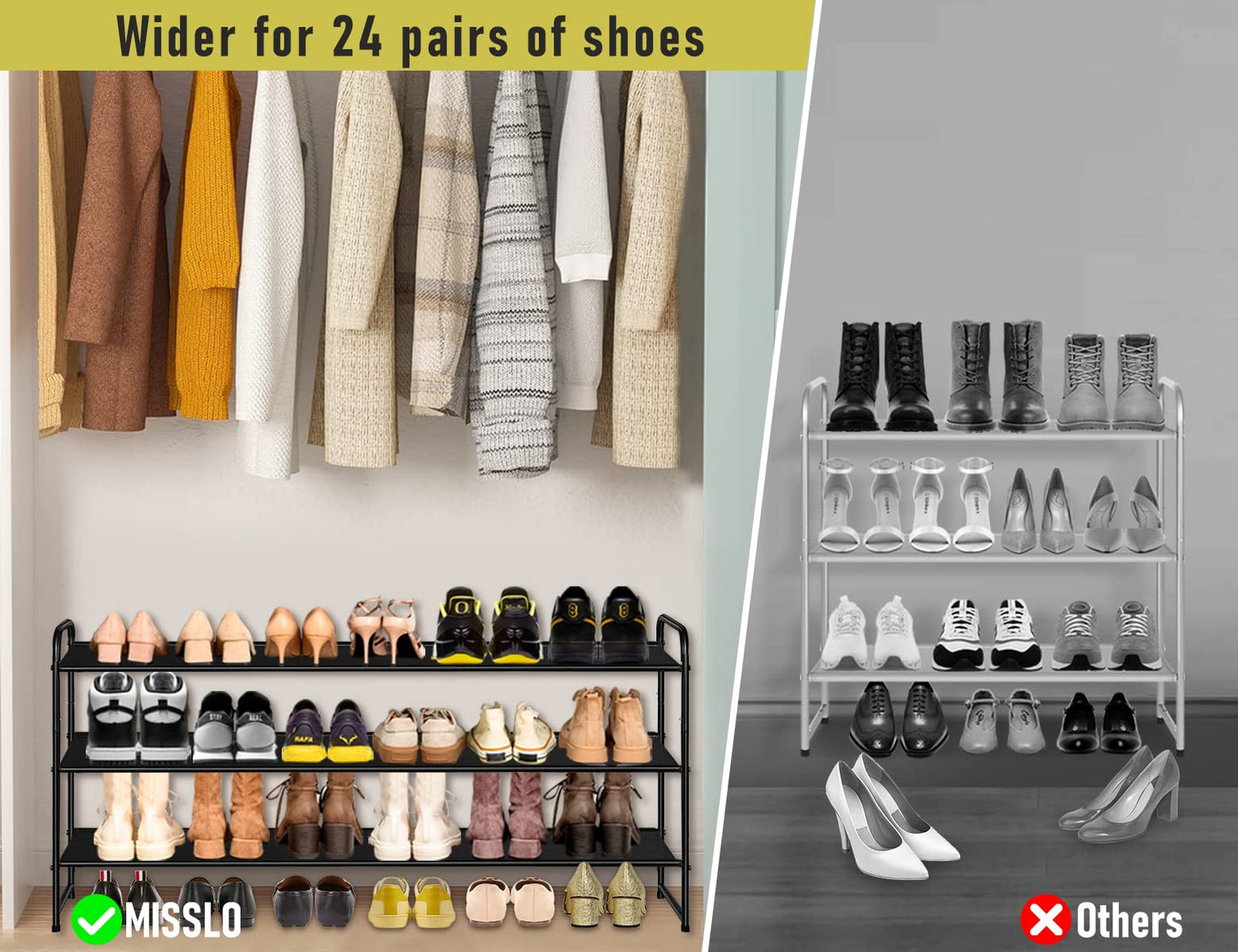 MISSLO 3-Tier Long Shoe Rack for Closet Shoe Organizer for Closet Floor Entryway Storage Stackable Wide Shoe Shelf Stores 24 Pairs of Men Sneakers, Black