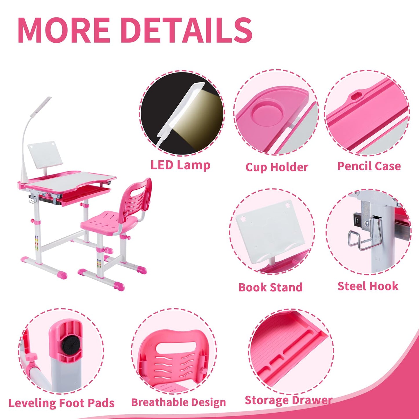 Diroan Kids Functional Desk and Chair Set, Height Adjustable Children School Study Desk with Tilt Desktop, Book Stand, LED Light, Metal Hook and Storage Drawer for Boys Girls(Pink)