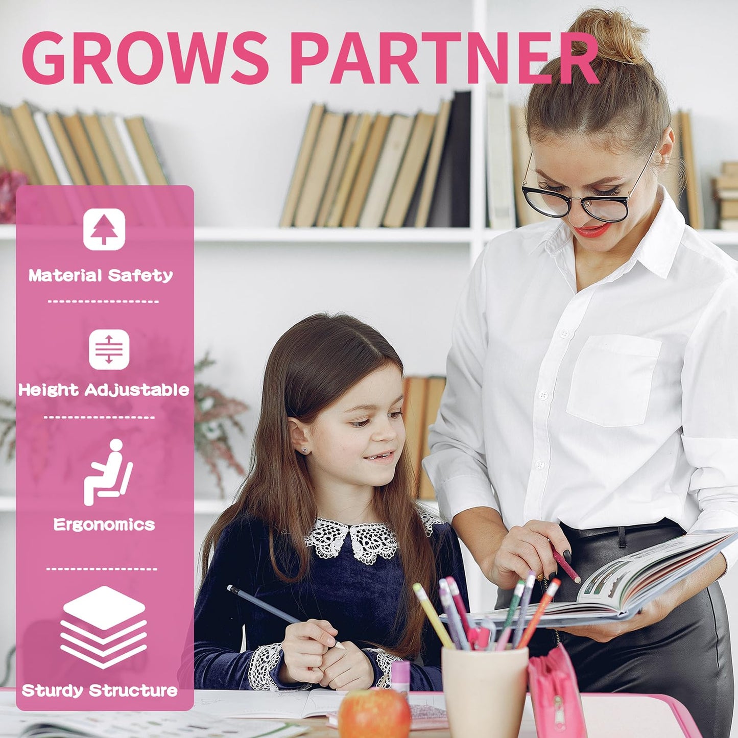 Diroan Kids Functional Desk and Chair Set, Height Adjustable Children School Study Desk with Tilt Desktop, Book Stand, LED Light, Metal Hook and Storage Drawer for Boys Girls(Pink)