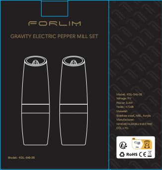 FORLIM Gravity Electric Salt and Pepper Grinder Set, Automatic Pepper Grinder Shakers Mill, Battery Powered Adjustable Coarseness with LED, One Hand Operation Perfect for Kitchen, Restaurants, Outdoor