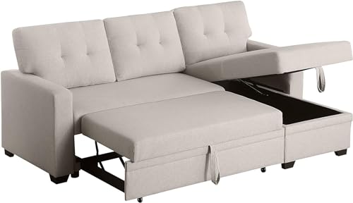 Devion Furniture Contemporary Reversible Sectional Sleeper Sectional Sofa with Storage Chaise in Beige Fabric