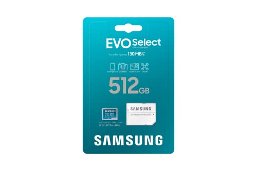 SAMSUNG EVO Select Micro SD-Memory-Card + Adapter, 512GB microSDXC 130MB/s Full HD & 4K UHD, UHS-I, U3, A2, V30, Expanded Storage for Android Smartphones, Tablets, Nintendo-Switch (MB-ME512KA/AM)