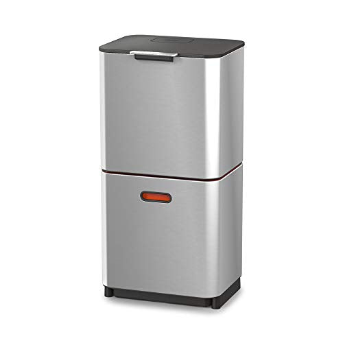 Joseph Joseph Totem Max 60 Liter Waste Separation and Recycling Kitchen Trash Can with Odor Filter and Removable Food Waste Caddy, Stainless Steel
