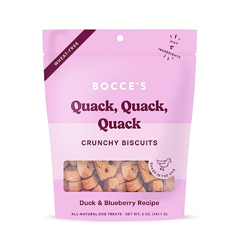 Bocce's Bakery Oven Baked Quack, Quack Treats for Dogs, Everyday Wheat-Free Dog Treats, Made with Real Ingredients, in The USA, All-Natural Duck & Blueberry Biscuits, 5 oz