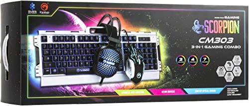 Ultimaxx Marvo CM303 Scorpion 3-in-1 Backlit Gaming Combo - Includes: Full Size Keyboard, Mouse & Headset Plus Deluxe Cleaning Kit