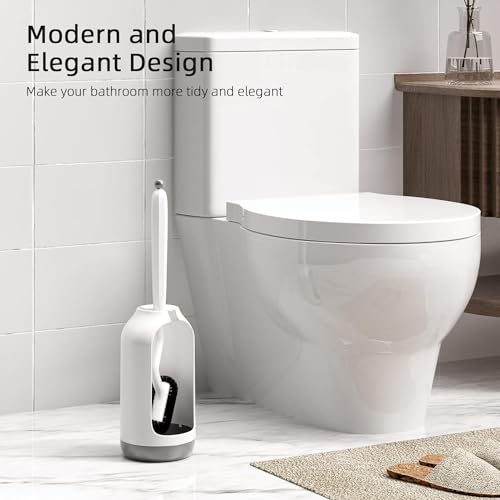 HAMITOR Toilet Bowl Brush Holder Set: Bathroom Deep Cleaning Toilet Cleaner Scrubber Under Rim with Curved Bristle for Dead Corner Clean - Hidden Rv Toilet Decorative Accessories with Caddy- White