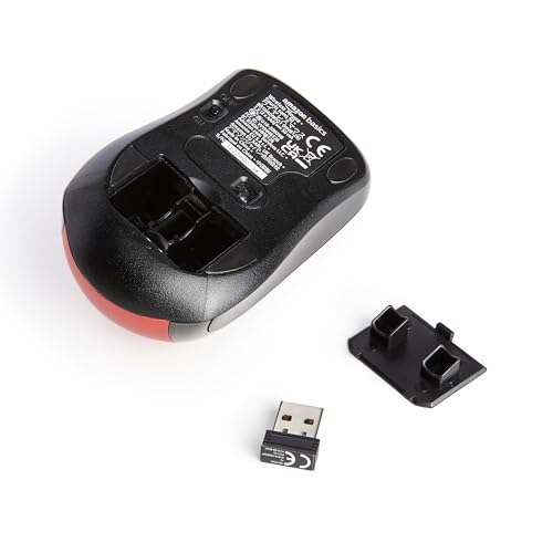 Amazon Basics 2.4 Ghz Wireless Optical Computer Mouse with USB Nano Receiver, Red