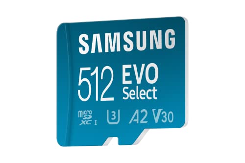 SAMSUNG EVO Select Micro SD-Memory-Card + Adapter, 512GB microSDXC 130MB/s Full HD & 4K UHD, UHS-I, U3, A2, V30, Expanded Storage for Android Smartphones, Tablets, Nintendo-Switch (MB-ME512KA/AM)