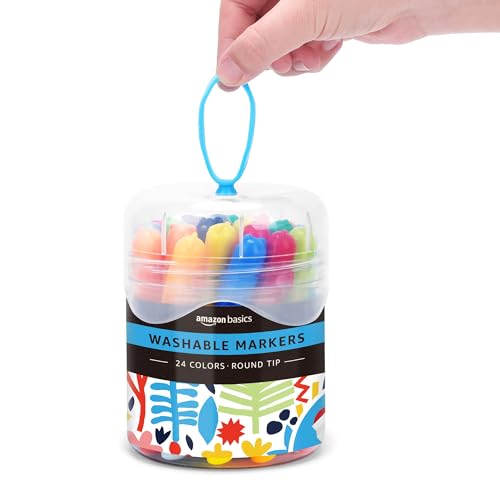 Amazon Basics Washable Round Tip Assorted School Marker Pens, Pack of 24 Colors