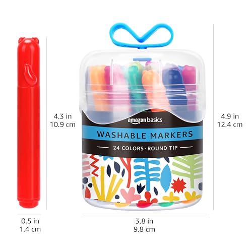 Amazon Basics Washable Round Tip Assorted School Marker Pens, Pack of 24 Colors