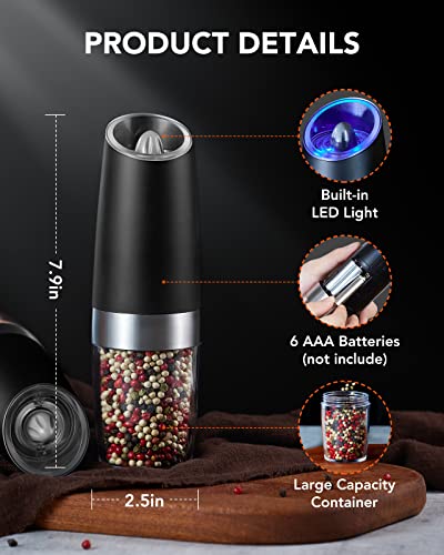 FORLIM Gravity Electric Salt and Pepper Grinder Set, Automatic Pepper Grinder Shakers Mill, Battery Powered Adjustable Coarseness with LED, One Hand Operation Perfect for Kitchen, Restaurants, Outdoor