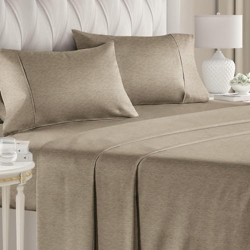 Queen Size 4 Piece Sheet Set - Comfy Breathable & Cooling Sheets - Hotel Luxury Bed Sheets for Women & Men - Deep Pockets, Easy-Fit, Soft & Wrinkle Free Sheets - Heathered Beige Oeko-Tex Bed Sheet Set
