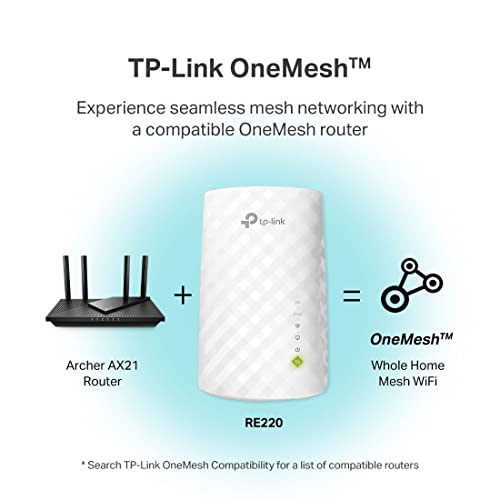 TP-Link WiFi Extender with Ethernet Port, Dual Band 5GHz/2.4GHz , Up to 44% more bandwidth than single band, Covers Up to 1200 Sq.ft and 30 Devices, signal booster amplifier supports OneMesh(RE220)
