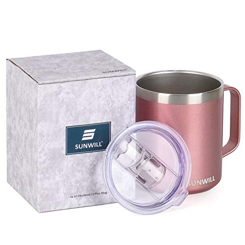 SUNWILL Coffee Mug with Handle, 14oz Insulated Stainless Steel Coffee Travel Mug, Double Wall Vacuum Reusable Coffee Cup with Lid, Rose Gold