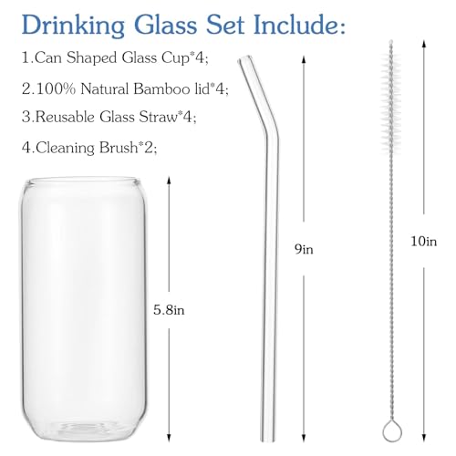 YMQAHWY 4Pcs Set Drinking Glasses with Bamboo Lids and Glass Straw, 16oz Can Shaped Glass Cups, Beer Glasses, Iced Coffee Cups, Glass Tumbler Include 2 Cleaning Brushes, Great for Cocktail,Gifts
