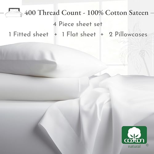 California Design Den California King Sheet Sets 400 Thread Count 100% Cotton Sateen, Deep Pocket Cal King Sheets, Extra Soft 4-Pc Breathable & Cooling Sheets Superior to Egyptian Cotton (White)