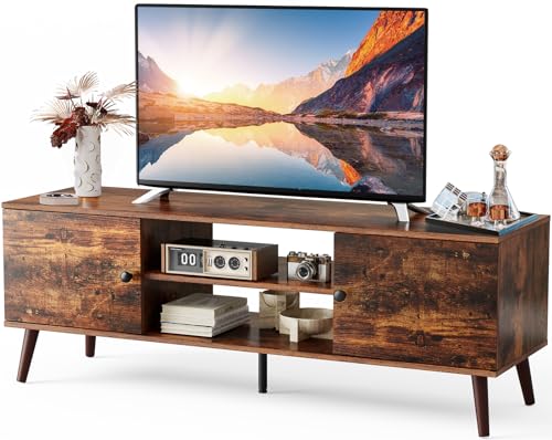 DUMOS TV Stand for 55 60 inch TV, Entertainment Center with Storage Cabinet, Mid Century Modern Media Console Table, Adjustable Hinge, Wooden Television Furniture for Living Room, Office, Retro Brown