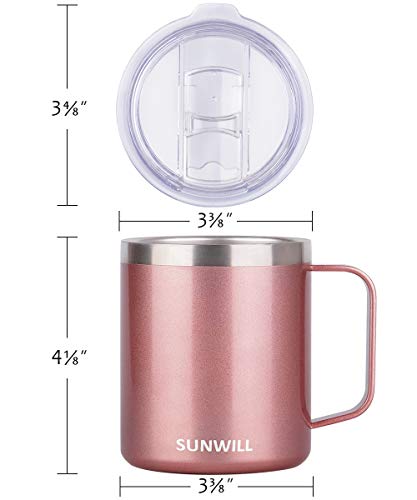 SUNWILL Coffee Mug with Handle, 14oz Insulated Stainless Steel Coffee Travel Mug, Double Wall Vacuum Reusable Coffee Cup with Lid, Rose Gold