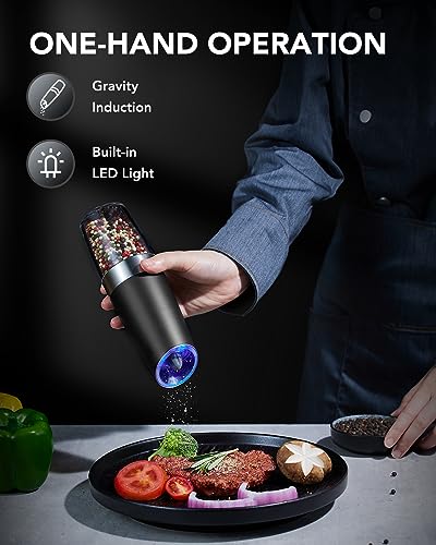 FORLIM Gravity Electric Salt and Pepper Grinder Set, Automatic Pepper Grinder Shakers Mill, Battery Powered Adjustable Coarseness with LED, One Hand Operation Perfect for Kitchen, Restaurants, Outdoor