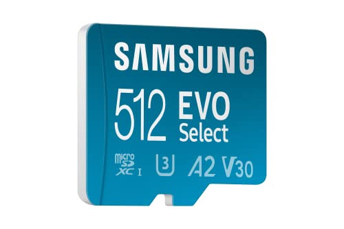 SAMSUNG EVO Select Micro SD-Memory-Card + Adapter, 512GB microSDXC 130MB/s Full HD & 4K UHD, UHS-I, U3, A2, V30, Expanded Storage for Android Smartphones, Tablets, Nintendo-Switch (MB-ME512KA/AM)
