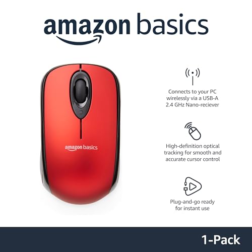 Amazon Basics 2.4 Ghz Wireless Optical Computer Mouse with USB Nano Receiver, Red