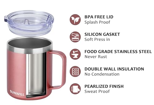 SUNWILL Coffee Mug with Handle, 14oz Insulated Stainless Steel Coffee Travel Mug, Double Wall Vacuum Reusable Coffee Cup with Lid, Rose Gold
