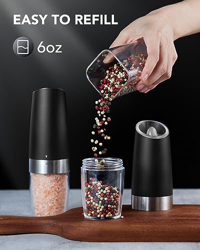 FORLIM Gravity Electric Salt and Pepper Grinder Set, Automatic Pepper Grinder Shakers Mill, Battery Powered Adjustable Coarseness with LED, One Hand Operation Perfect for Kitchen, Restaurants, Outdoor