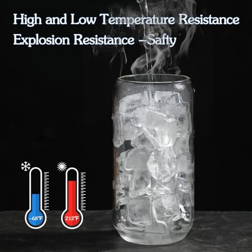 YMQAHWY 4Pcs Set Drinking Glasses with Bamboo Lids and Glass Straw, 16oz Can Shaped Glass Cups, Beer Glasses, Iced Coffee Cups, Glass Tumbler Include 2 Cleaning Brushes, Great for Cocktail,Gifts