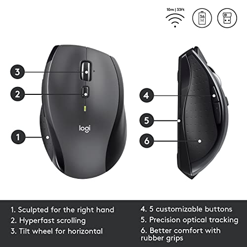 Logitech M705 Marathon Wireless Mouse, 2.4 GHz USB Unifying Receiver, 1000 DPI, 5-Programmable Buttons, 3-Year Battery, Compatible with PC, Mac, Laptop, Chromebook - Black