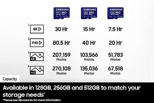 SAMSUNG PRO Plus microSD Memory Card + Adapter, 256GB MicroSDXC, Up to 180 MB/s, Full HD & 4K UHD, UHS-I, C10, U3, V30, A2 for Android Phones, Tablets, GoPRO, DJI Drone, MB-MD256SA/AM, 2023
