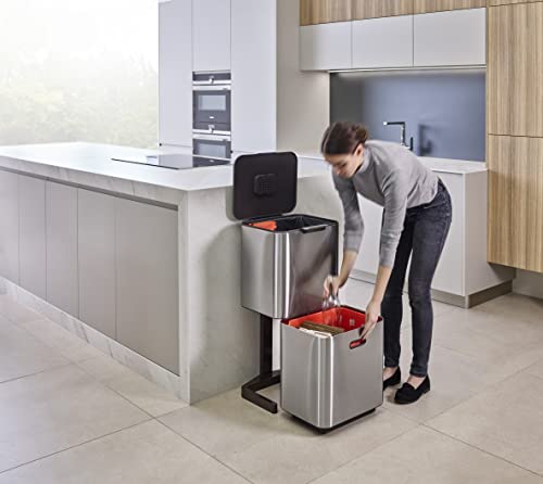 Joseph Joseph Totem Max 60 Liter Waste Separation and Recycling Kitchen Trash Can with Odor Filter and Removable Food Waste Caddy, Stainless Steel