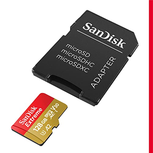 SanDisk 128GB Extreme microSDXC UHS-I Memory Card with Adapter - Up to 190MB/s, C10, U3, V30, 4K, 5K, A2, Micro SD Card - SDSQXAA-128G-GN6MA