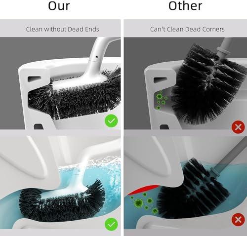 HAMITOR Toilet Bowl Brush Holder Set: Bathroom Deep Cleaning Toilet Cleaner Scrubber Under Rim with Curved Bristle for Dead Corner Clean - Hidden Rv Toilet Decorative Accessories with Caddy- White