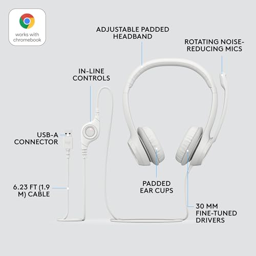 Logitech H390 Wired Headset for PC/Laptop, Stereo Headphones with Noise Cancelling Microphone, USB-A, in-Line Controls for Video Meetings, Music, Gaming and Beyond - Off White