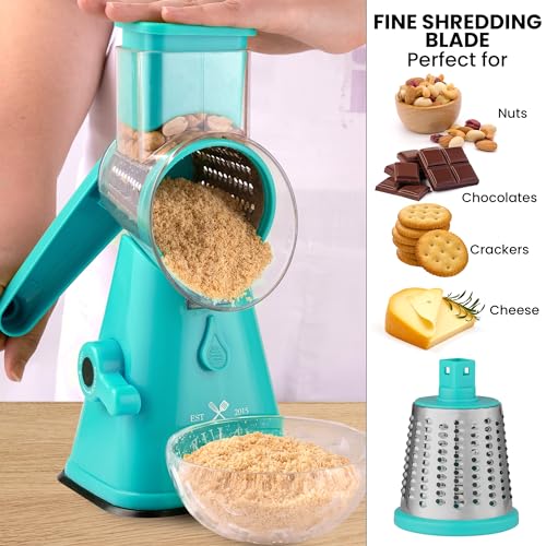 Rotary Cheese Grater with Upgraded, Reinforced Suction - Round Cheese Shredder Grater with 3 Replaceable Stainless Steel Drum Blades - Easy To Use & Clean - Vegetable Slicer & Nut Grinder (Light Blue)