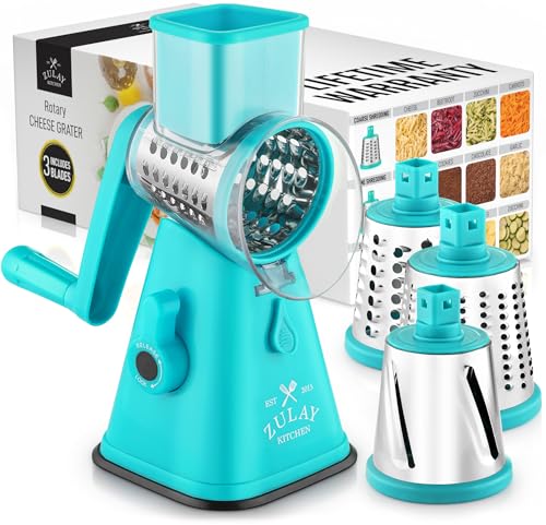 Rotary Cheese Grater with Upgraded, Reinforced Suction - Round Cheese Shredder Grater with 3 Replaceable Stainless Steel Drum Blades - Easy To Use & Clean - Vegetable Slicer & Nut Grinder (Light Blue)