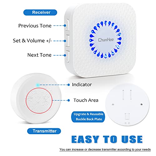 ChunHee Wireless Dog Door Bell, Potty Training to go Outside Light Touch Activation Doggy to Ring to Go Potty,Volume Adjustment (0-110) 55 Ringtones, Includes 2Trigger Buttons and 1Receiver.