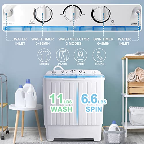 SUPER DEAL Portable Washing Machine 17.6 lbs Twin Tub Compact Washer, Washing and Spinner Cycle Combo for Apartment, Camping, College, Dorms and RV, Timer Control, Gravity Drain and Inlet Water Hose