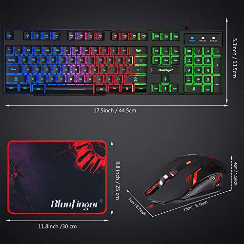 BlueFinger RGB Gaming Keyboard and Backlit Mouse and Headset Combo,USB Wired Backlit Keyboard,LED Gaming Keyboard Mouse Set,Headset with Microphone for Laptop PC Computer Game and Work