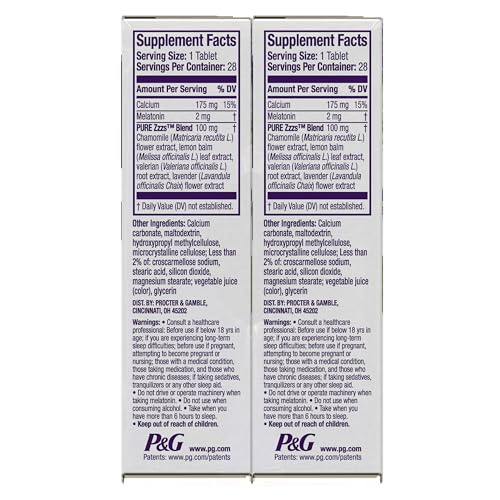 ZzzQuil PURE Zzzs All Night Extended Release, Melatonin Sleep Aid Tablets, Helps You Stay Asleep Longer, Sleep Aid for Adults, 2 mg per tablet, 28 Count (2 Pack)