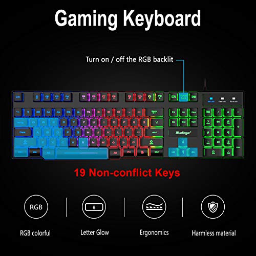 BlueFinger RGB Gaming Keyboard and Backlit Mouse and Headset Combo,USB Wired Backlit Keyboard,LED Gaming Keyboard Mouse Set,Headset with Microphone for Laptop PC Computer Game and Work