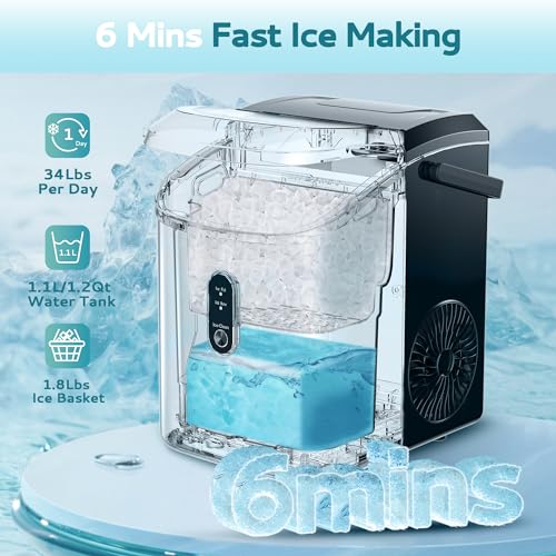 EUHOMY Nugget Ice Maker Countertop with Handle, Ready in 6 Mins, 34lbs/24H, Removable Top Cover, Auto-Cleaning, Portable Sonic Ice Maker with Basket and Scoop, for Home/Party/RV/Camping. (Black)