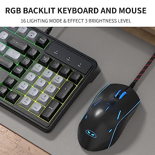 Camiysn Gaming Keyboard and Mouse Combo, 98-Key Layout Rainbow LED Backlit Keyboard and Mouse Gaming Headset Bundle, 3-in-1 Gamer Gift for PC Laptop, Black & Grey