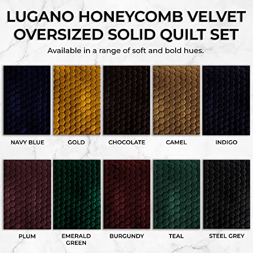 Tribeca Living Velvet King Quilt, Three-Piece Honeycomb Stitch Bedding Set Includes One Oversized Quilt & Two Sham Pillowcases, 260GSM Super Soft Velvet, Lugano/Gold