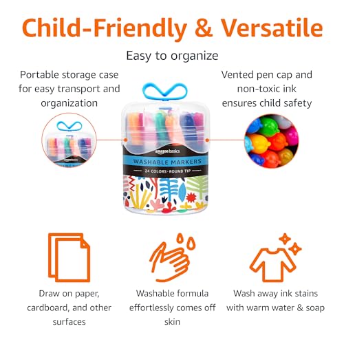 Amazon Basics Washable Round Tip Assorted School Marker Pens, Pack of 24 Colors