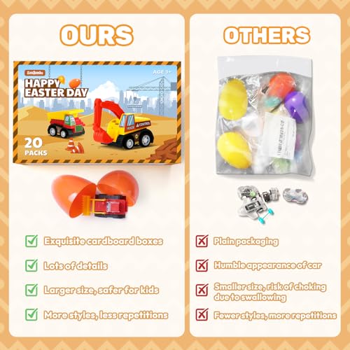 ZenBombs Easter Eggs with Toys Inside-20 PCS Colorful Plastic Easter Eggs Filled with Toy Vehicles for Kids-Surprise Egg for Easter Egg Hunt, Basket Stuffers and Birthday Party Favors