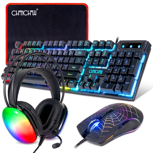 Gaming Keyboard Mouse and Headset with mic Combo USB Wired RGB Backlit Gamer Bundle Compatible with PC Windows 7/8/10/11 Xbox one PS4 PS5(Black)